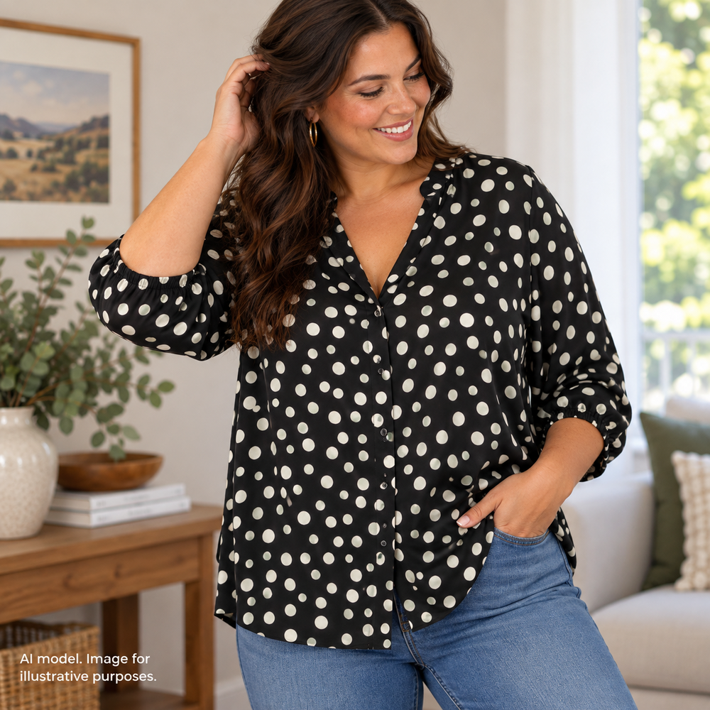 Bob Mackie Shirt Women 1X Black White Dot Art to Wear Flowy Peasant Sleeve